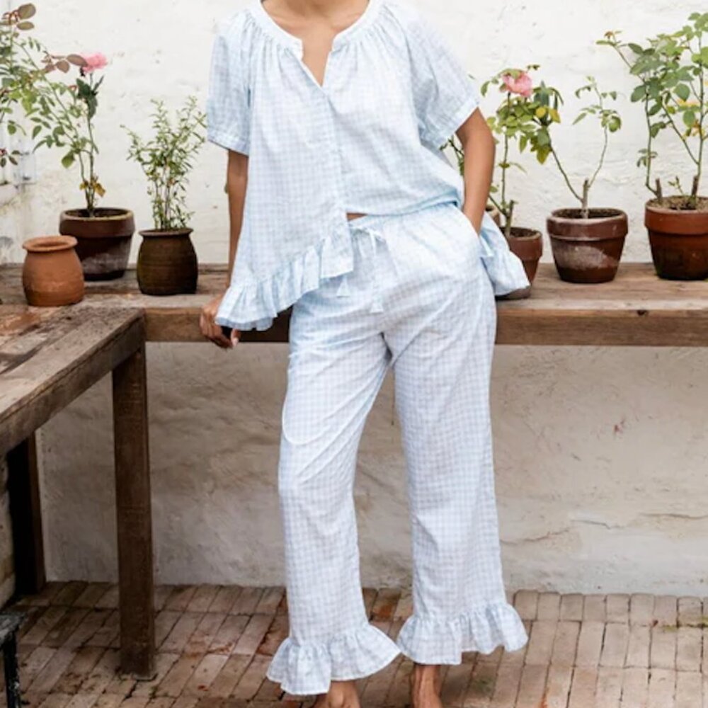 Piyama 100% Cotton Gingham Pajama Set - Light Blue